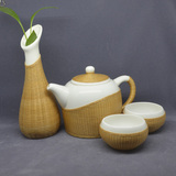 纯手工非物质文化遗产竹编竹丝扣瓷 瓷胎竹编精品骨瓷花器茶具
